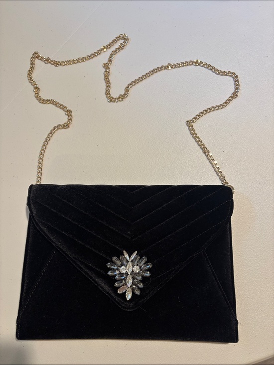 Handbags - Black Velvet Evening Clutch with Gold Chain and Crystal Brooch